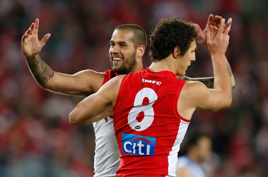 AFL 2014 First Preliminary Final - Sydney v North Melbourne Lance Franklin (left) and Kurt Tippett of the Swans celebrate during the AFL 2014 First Preliminary Final match between the Sydney Swans and the North Melbourne Kangaroos at ANZ Stadium, Sydney on September 19, 2014. (Photo: Michael Willson/AFL Media)